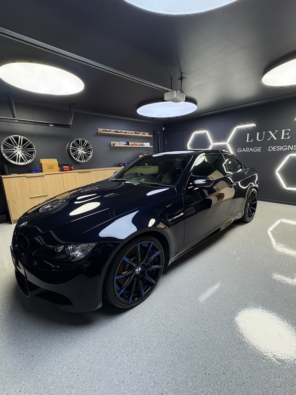 Front three-quarter view of the blue BMW E92 M3 after the work at Luxe Motors
